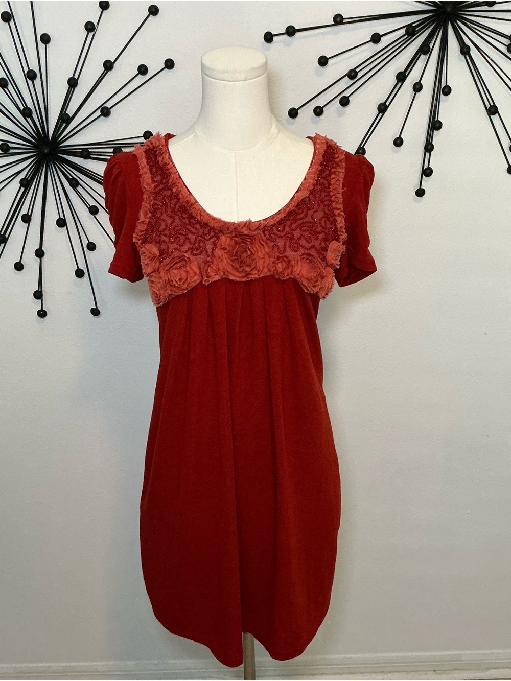 Moon River Rust Rosette Lace Babydoll Mini Dress Boho Cottagecore